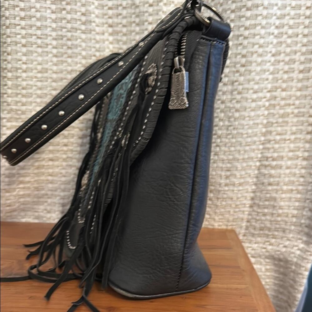 Trinity ranch Black and Teal leather tassel shoulder bag - Picture 5 of 10